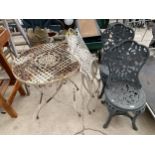 A METAL FOLDING BISTRO TABLE AND CHAIR AND A FURTHER TWO PLASTIC GARDEN CHAIRS