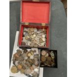 A COLLECTION OF VARIOUS COINS IN A DECORATIVE MAHOGANY BOX WITH A VILLAGE CHURCH SCENE AND A FURTHER