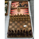 A WOODEN CHESS BOARD WITH RESIN ROMAN FIGURE CHESS PIECES - 3 A/F PLUS A BACKGAMMON/DRAUGTS BOARD