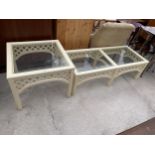 A MODERN WHITE GLASS TOP LAMP TABLE AND MATCHING COFFEE TABLE