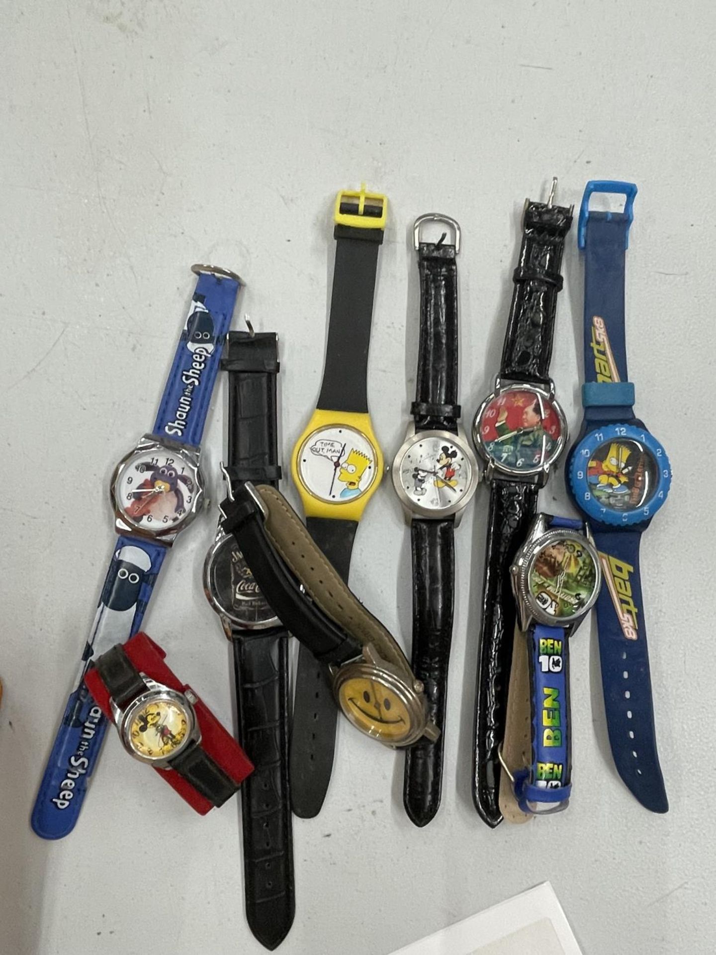 NINE VARIOUS NOVELTY WRISTWATCHES TO INCLUDE MICKEY MOUSE, BART SIMPSON ETC