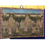 A VERY LARGE VINTAGE BATIK ARTWORK ON SILK OF AN INDIAN CELEBRATION W: 162CM