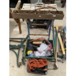 AN ASSORTMENT OF TOOLS TO INCLUDE A FOLDING WORK BENCH, SAWS AND A BRACE DRILL ETC