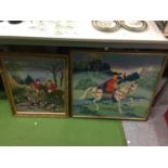 TWO GILT FRAMED WOOLWORK TAPESTRIES, ONE A HUNT SCENE 46CM X 55.5CM, THE OTHER A KNIGHT ON A HORSE