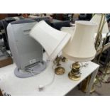 THREE BRASS TABLE LAMPS AND SHADES