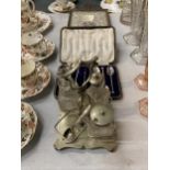 A VINTAGE BOXED SET OF TEASPOONS AND SUGAR TONGS, A PETIT POINT TRAY AND A PLUS AN EPNS CRUET SET