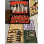 THREE VINTAGE BOXED SETS OF FLATWARE TO INCLUDE KNIVES AND FORKS, FISH KNIVES AND FORKS AND A COOPER