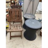 TWO FOLDING TEAK GARDEN CHAIRS AND TWO RATTAN TABLES WITH STORAGE