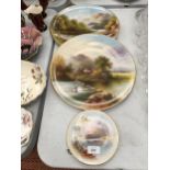 TWO LARGE WALL PLATES WITH RIVER SCENES DIAMETER 33CM PLUS A SMALLER ONE