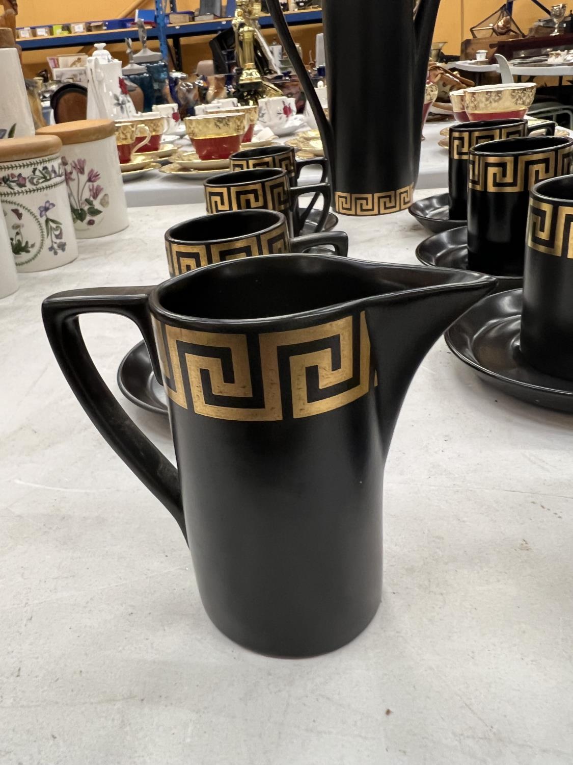 A BLACK PORTMEIRION COFFEE SET IN THE 'GREEK KEY' DESIGN TO INCLUDE A COFFEE POT, CREAM JUG, SUGAR - Image 2 of 4