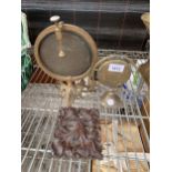 TWO BRASS GONGS AND A TREEN CARVED PANEL