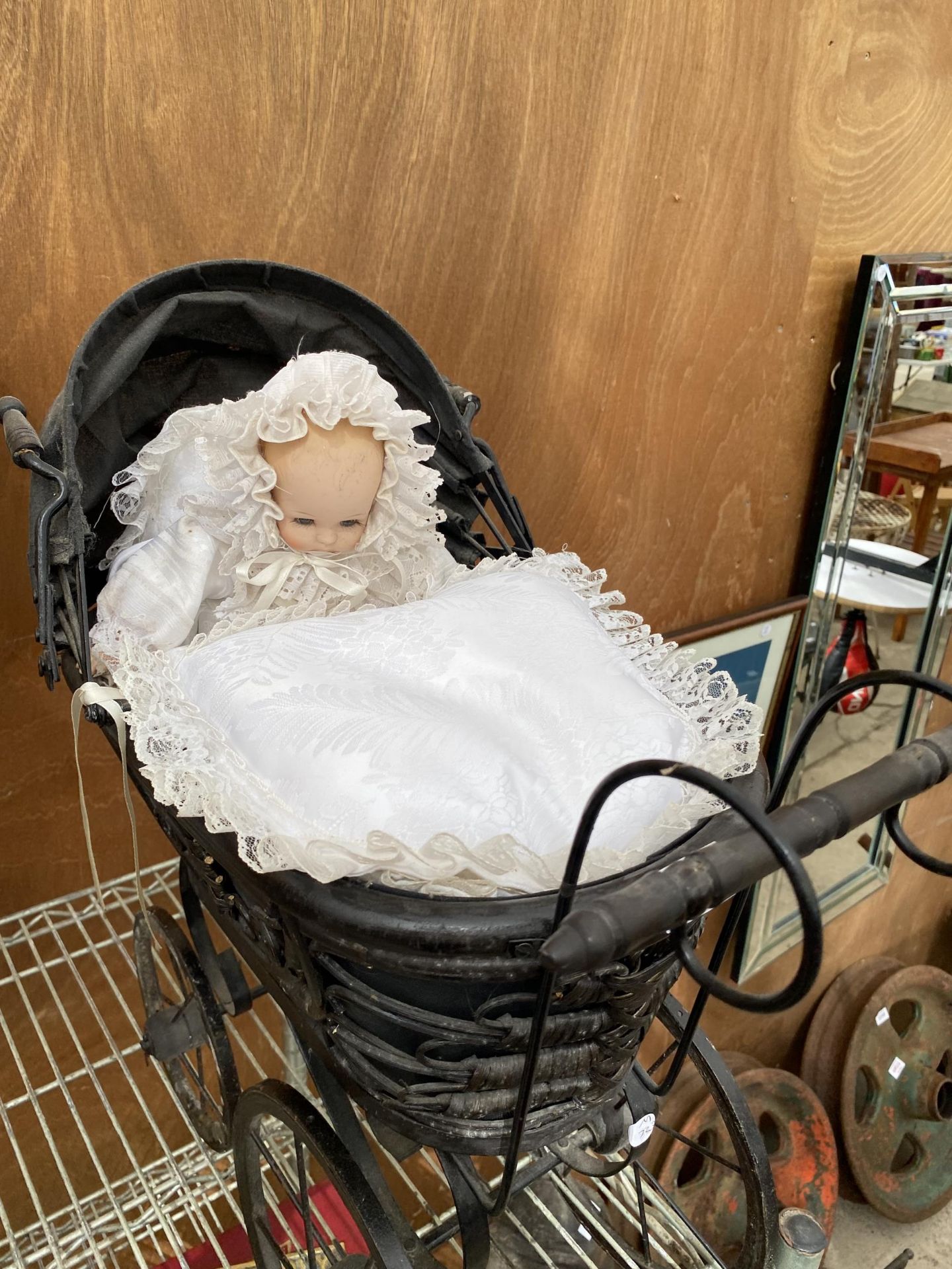 A VINTAGE WOODEN DOLLS PRAM AND DOLL - Image 3 of 4