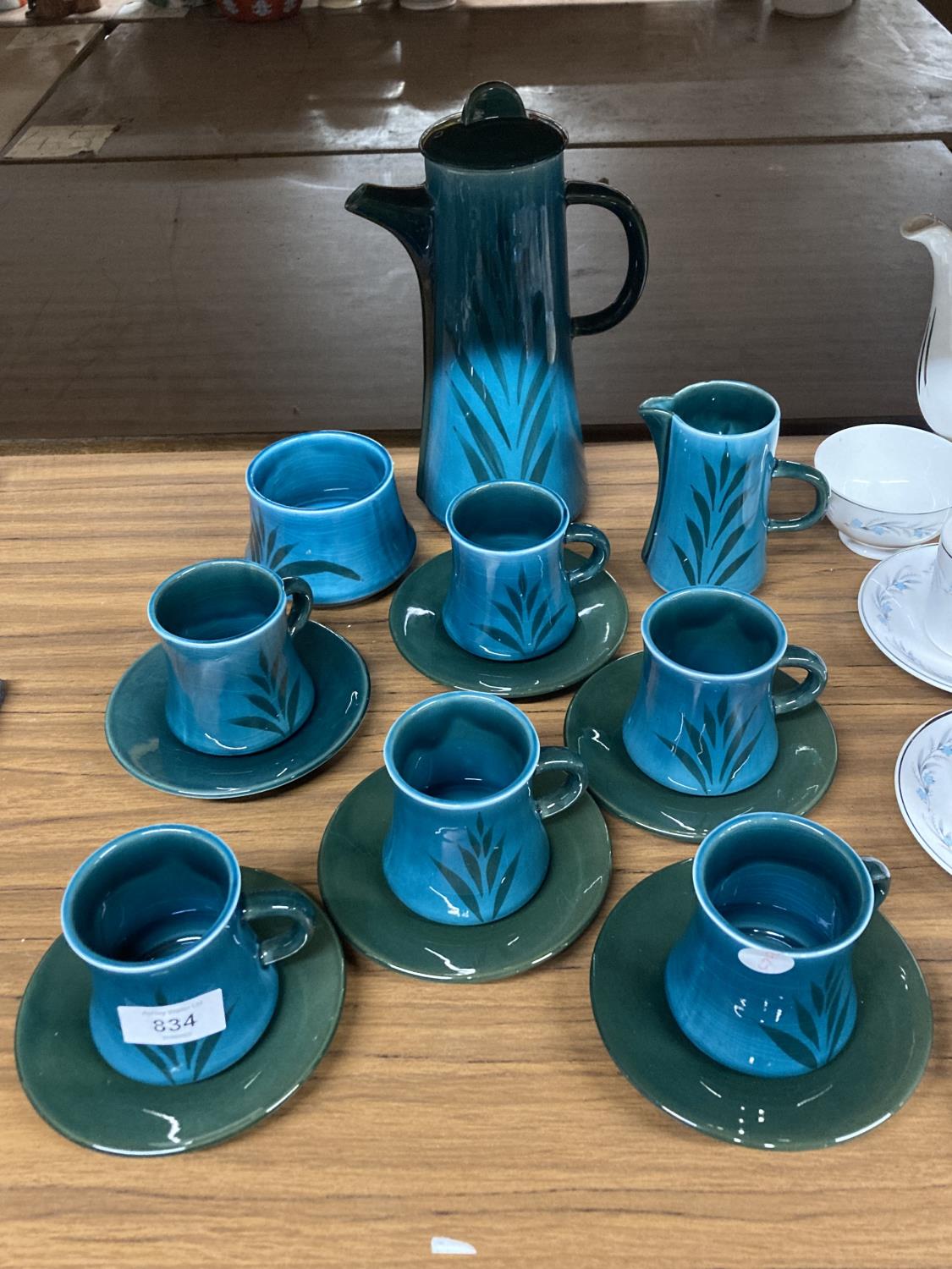 A BOULTON COFFEE SET IN AN AQUAMARINE COLOUR TO INCLUDE A COFFEE POT, CREAM JUG, SUGAR BOWL, SIX