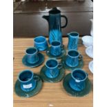 A BOULTON COFFEE SET IN AN AQUAMARINE COLOUR TO INCLUDE A COFFEE POT, CREAM JUG, SUGAR BOWL, SIX