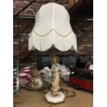 A VINTAGE STYLE TABLE LAMP WITH A LADY TO THE BASE ON A FOOTED PLINTH WITH SHADE HEIGHT TO TOP OF