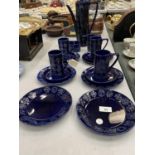 A PORTMEIRION DEEP BLUE 'TOTEM' COFFEE SET TO INCLUDE COFFEE POT, CREAM JUG, SUGAR BOWL, SIX SIDE