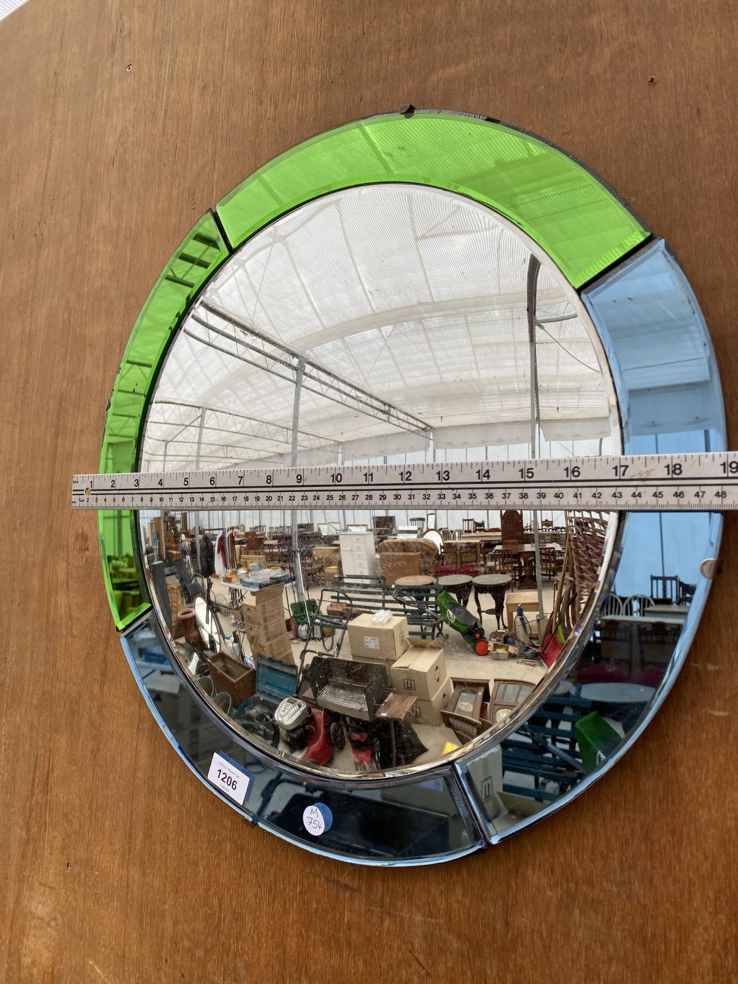 AN ART DECO STYLE MIRROR WITH BLUE AND GREEN OUTER FRAME - Image 3 of 3
