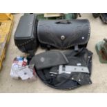 AN ASSORTMENT OF MOTORBIKE EQUIPMENT TO INCLUDE TO TRAVEL BOXES, LIGHTS AND 'HARLEY-DAVIDSON' PADS