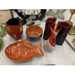 A SARN POTTERY VASE IN TERACOTTA, ORANGE 'FISH' PLATE, ORANGE AND WHITE SWIRLED ART GLASS VASE AND A