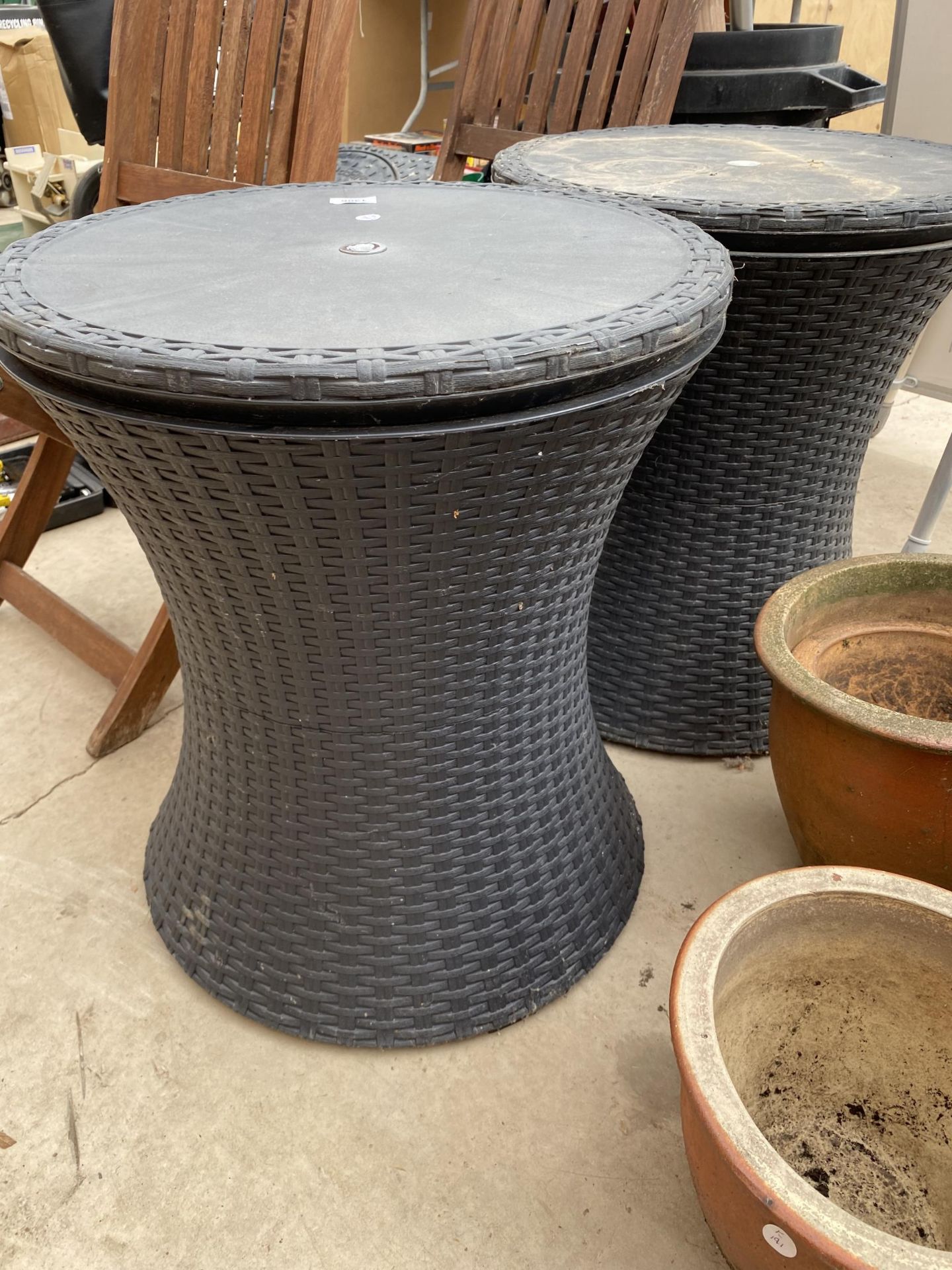 TWO FOLDING TEAK GARDEN CHAIRS AND TWO RATTAN TABLES WITH STORAGE - Image 3 of 3