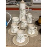A BOULTON HANDPAINTED COFFEE SET TO INCLUDE A COFFEE POT, CREAM JUG, SUGAR BOWL, FOUR CUPS AND