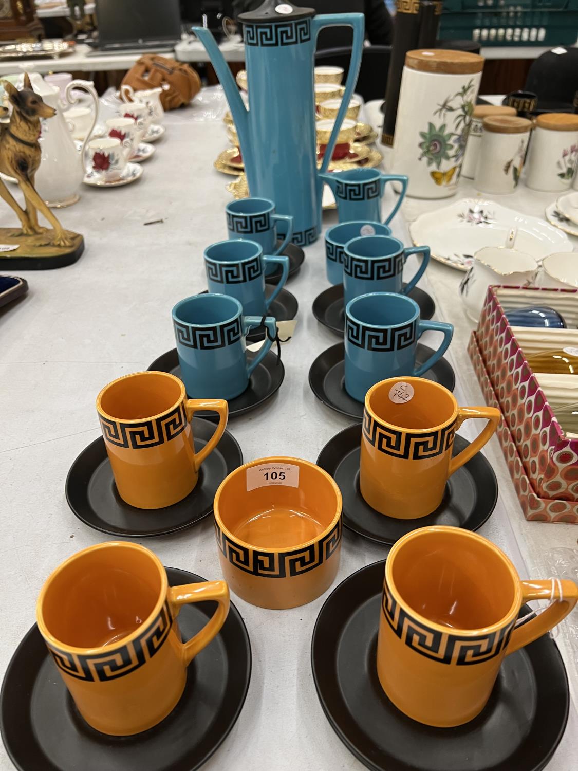 A PORTMEIRION TURQUOISE BLUE COFFEE SET IN THE 'GREEK KEY' DESIGN TO INCLUDE COFFEE POT, CREAM