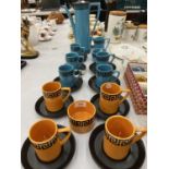 A PORTMEIRION TURQUOISE BLUE COFFEE SET IN THE 'GREEK KEY' DESIGN TO INCLUDE COFFEE POT, CREAM