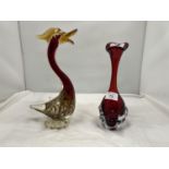 A MURANO STYLE CRANBERRY GLASS VASE HEIGHT 25CM PLUS A COLOURED MURANO STYLE GLASS BIRD HEIGHT 29CM