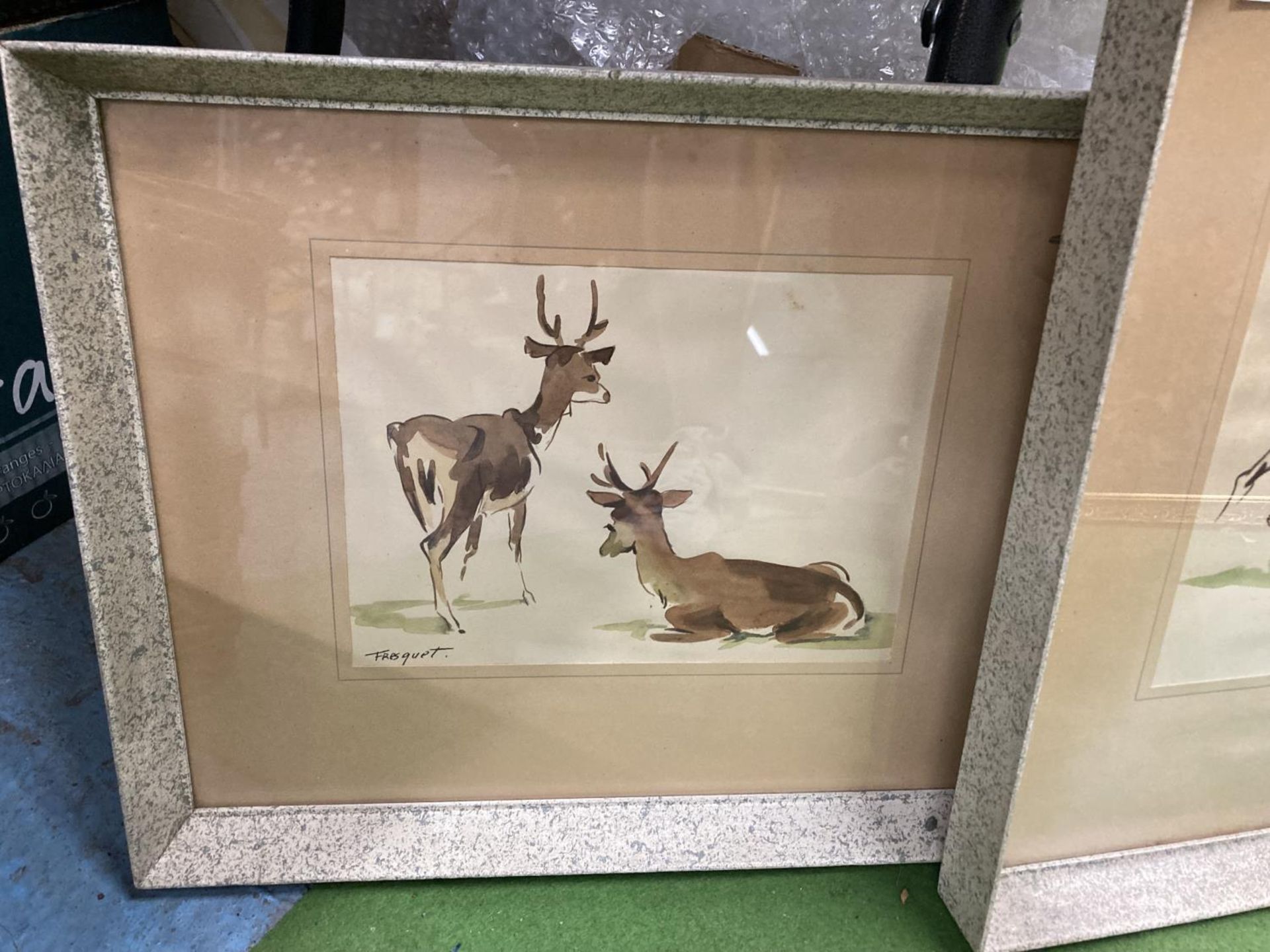 TWO FRAMED WATERCOLOURS OVER PRINTS OF SPANISH DEER BY FRESQUET - Image 3 of 3