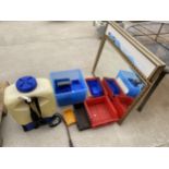 AN ASSORTMENT OF ITEMS TO INCLUDE A KNAPSACK SPRAYER, LIN BINS AND A FRAMED MIRROR ETC