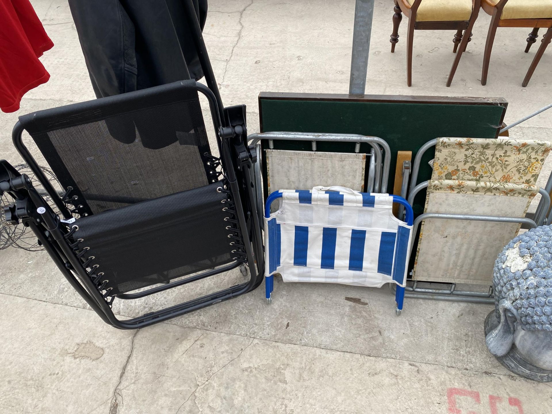THREE FOLDING GARDEN CHAIRS, A TABLE AND A CARD TABLE ETC