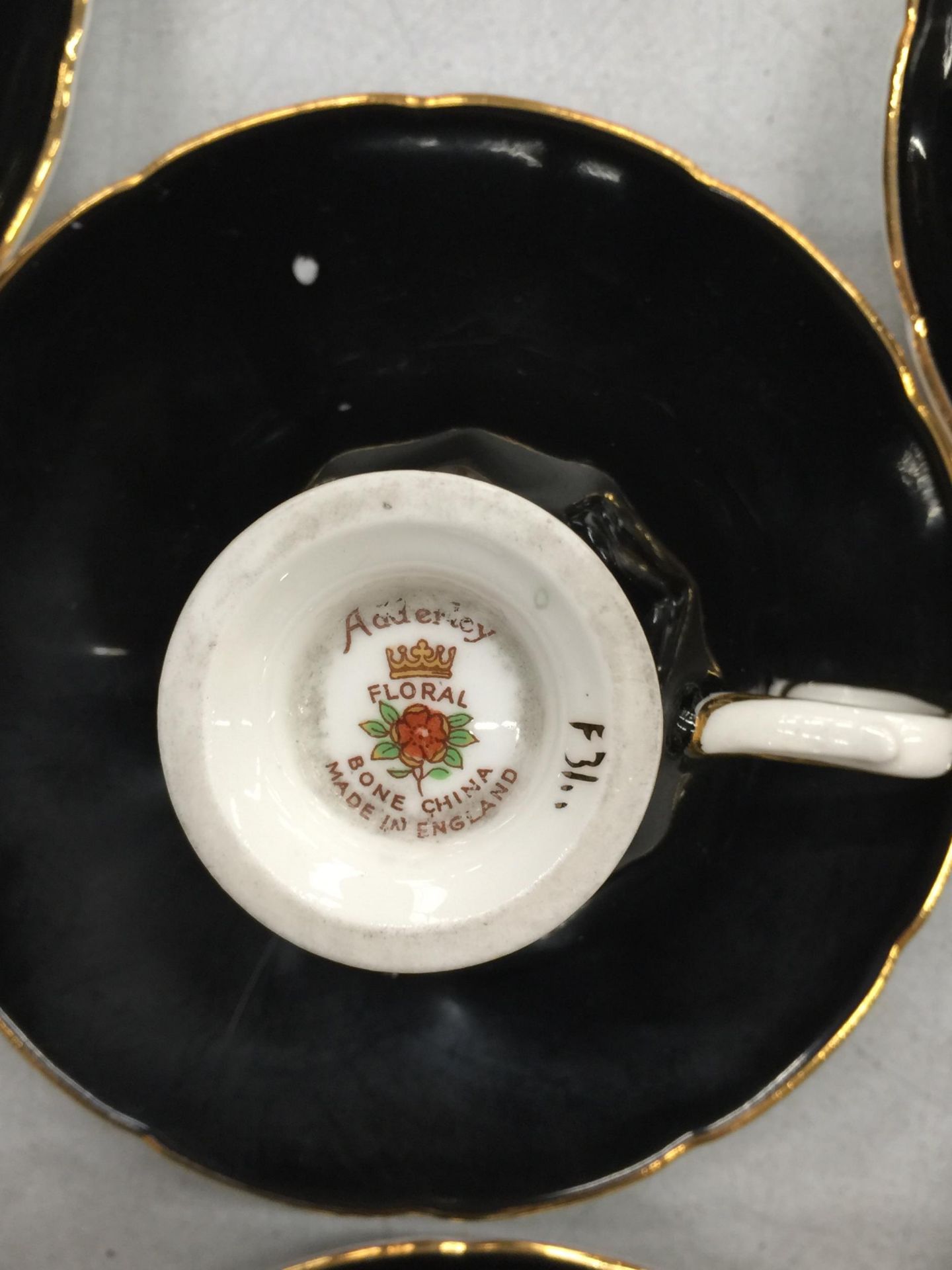 TWO VINTAGE PART TEASETS TO INCLUDE ADDERLEY FLORAL BLACK CUPS AND SAUCERS PLUS ART DECO STYLE - Image 6 of 7