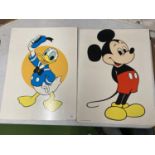 TWO VINTAGE WALT DISNEY WALL PRINTS ON BOARD TO INCLUDE 'DONALD DUCK' AND 'MICKEY MOUSE' 60CM X 45CM