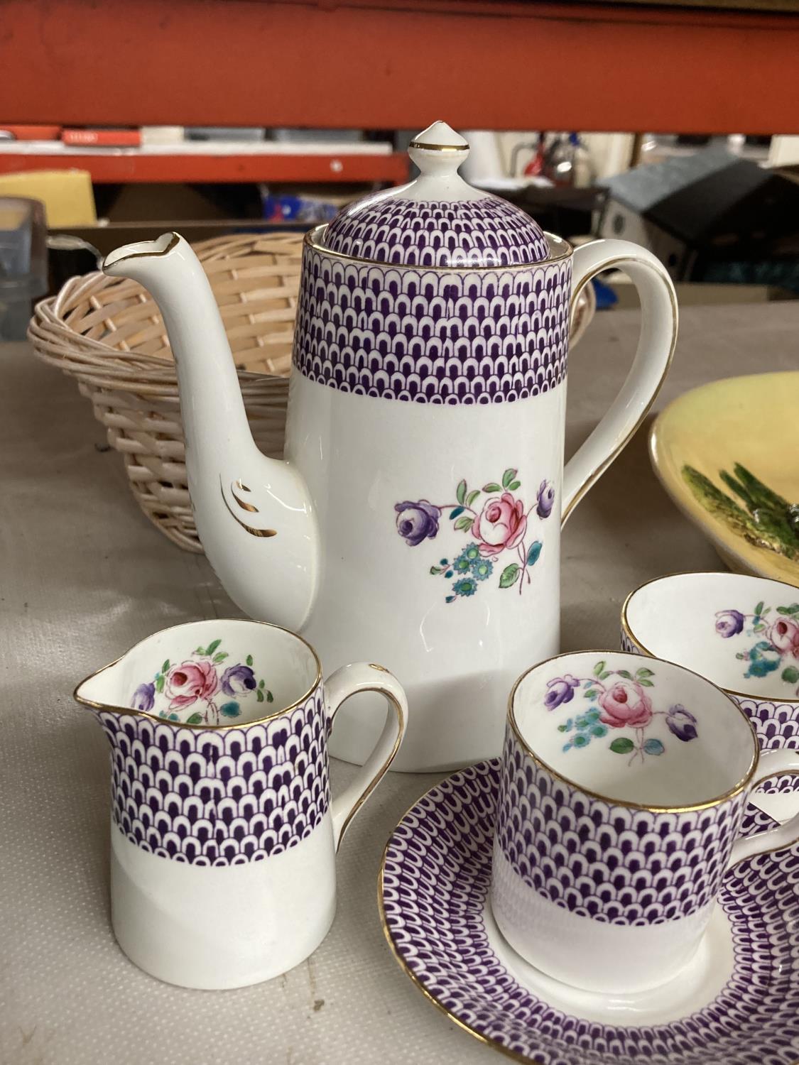 A NELSON CHINA PURPLE AND FLORAL COFFEE SET TO INCLUDE A COFFEE POT, CREAM JUG, SUGAR BOWL AND - Image 4 of 5