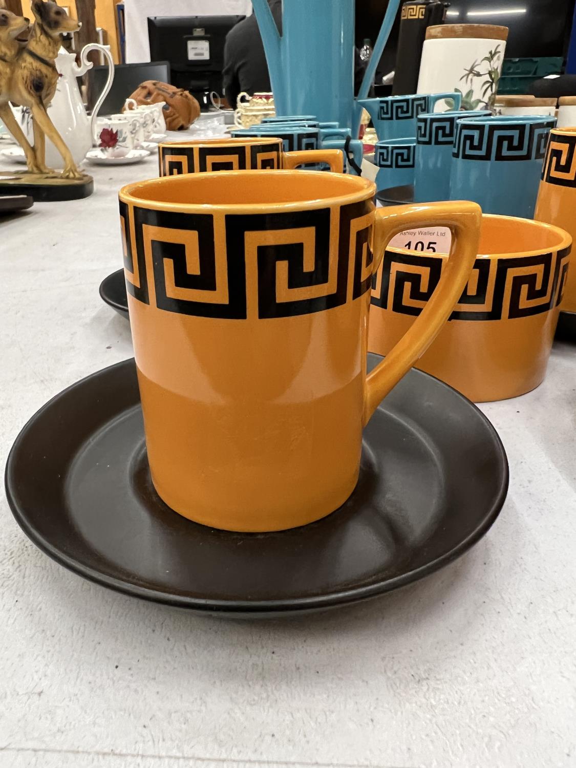 A PORTMEIRION TURQUOISE BLUE COFFEE SET IN THE 'GREEK KEY' DESIGN TO INCLUDE COFFEE POT, CREAM - Image 2 of 4