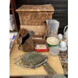 AN ASSORTMENT OF VINTAGE FISHING TACKLE TO INCLUDE A WICKER TACKLE BASKET, REELS AND FLOATS ETC