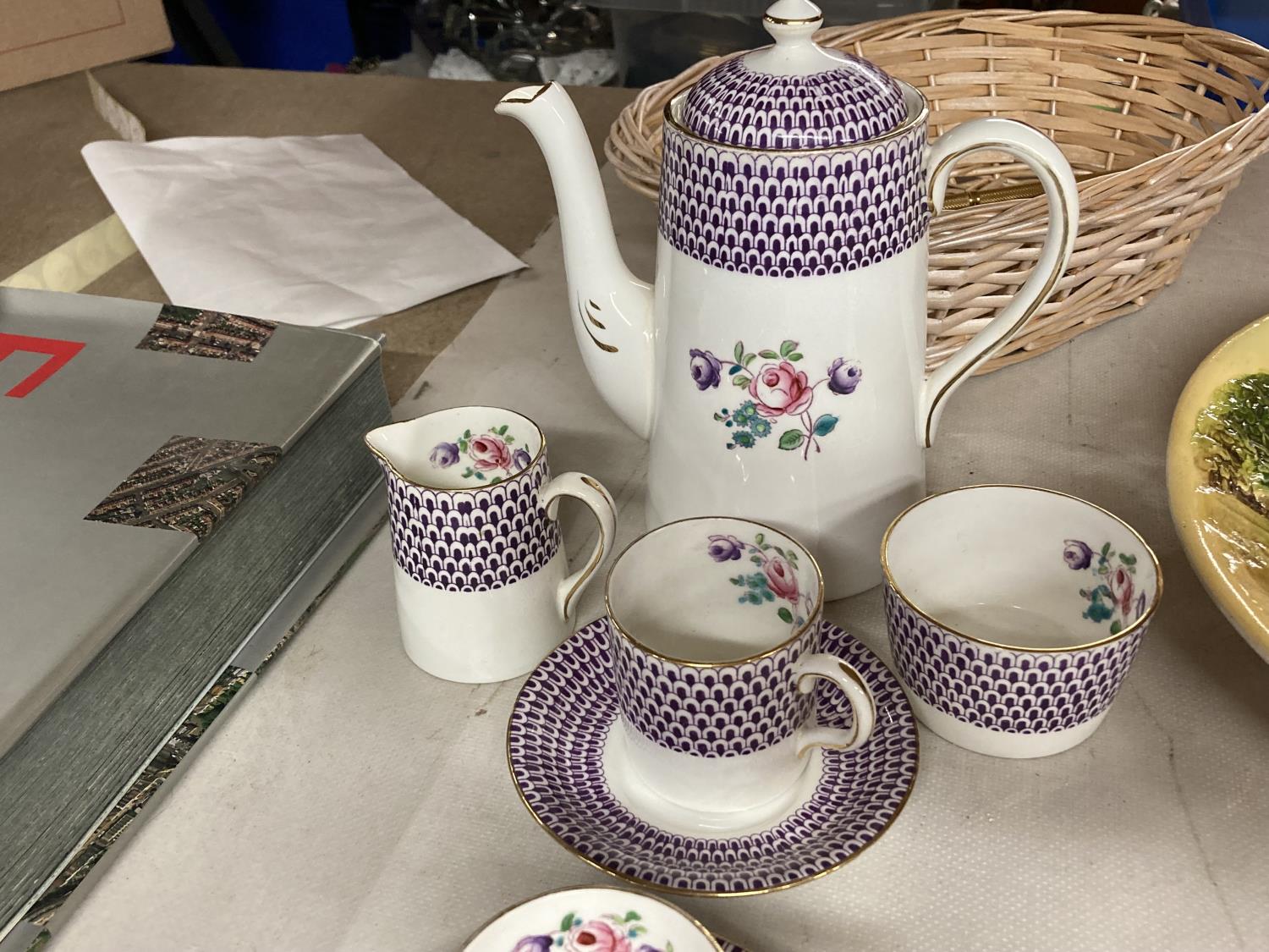 A NELSON CHINA PURPLE AND FLORAL COFFEE SET TO INCLUDE A COFFEE POT, CREAM JUG, SUGAR BOWL AND - Image 3 of 5