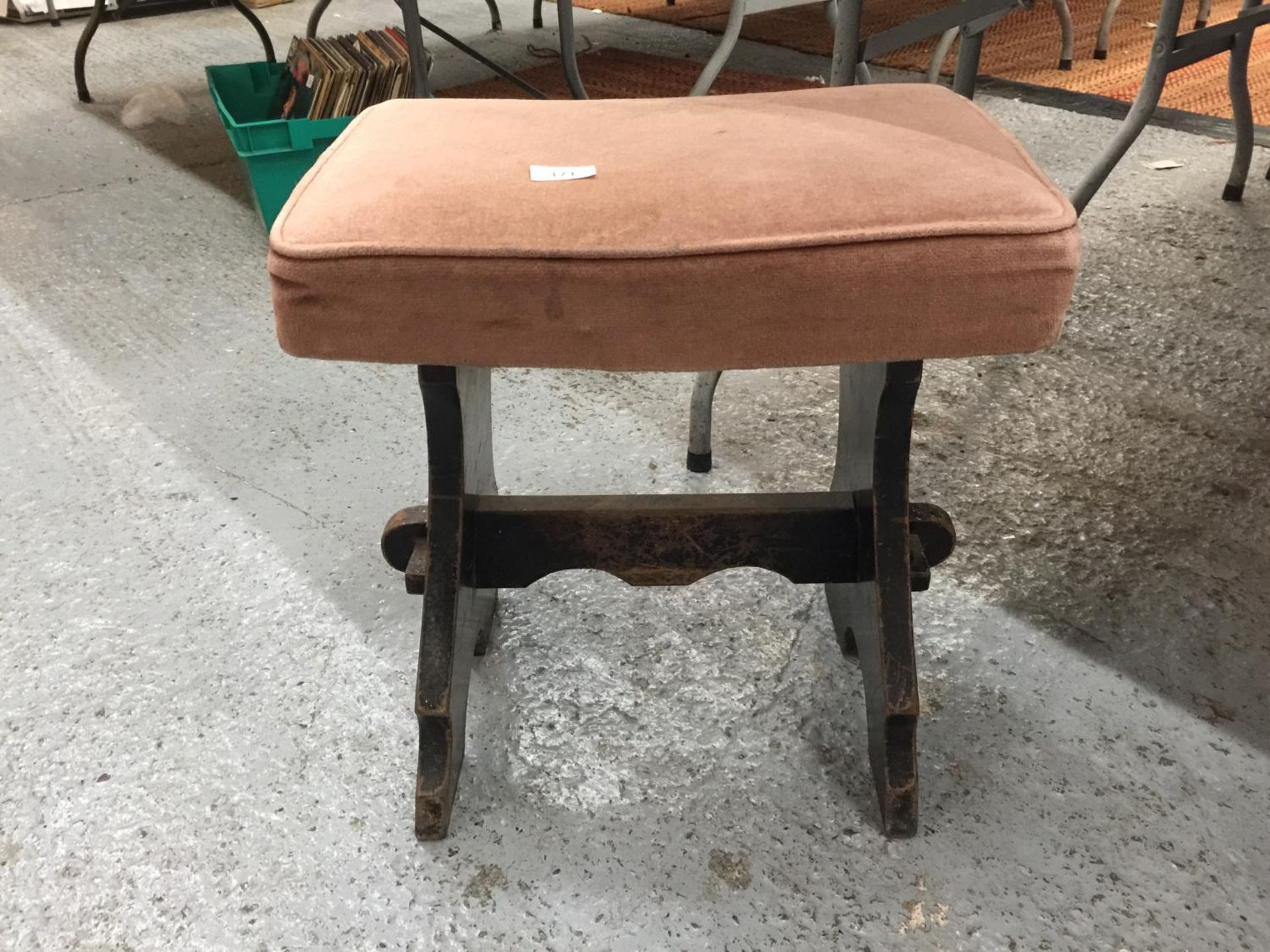 A VINTAGE WOODEN UPHOLSTERED STOOL HEIGHT 47CM, WIDTH 44CM, DEPTH 31CM - Image 2 of 3