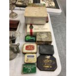 A QUANTITY OF VINTAGE AVERTISING TINS TO INCLUDE A SANDWICH BOX, SQUIRREL CONFECTIONS, KEMPS