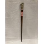 A WALKING CANE WITH A FOX FINIAL AND ENGRAVED HUNTING SCENE