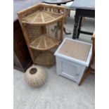 A WICKER CORNER WHATNOT AND LIGHT SHADE AND A SMALL PAINTED BATHROOM CABINET