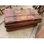 A HEAVY 19TH CENTURY LIVING VAN/WAGON TRUNK HAVING MOST SUBSTANTIAL BLACKSMITH MADE IRON HINGES