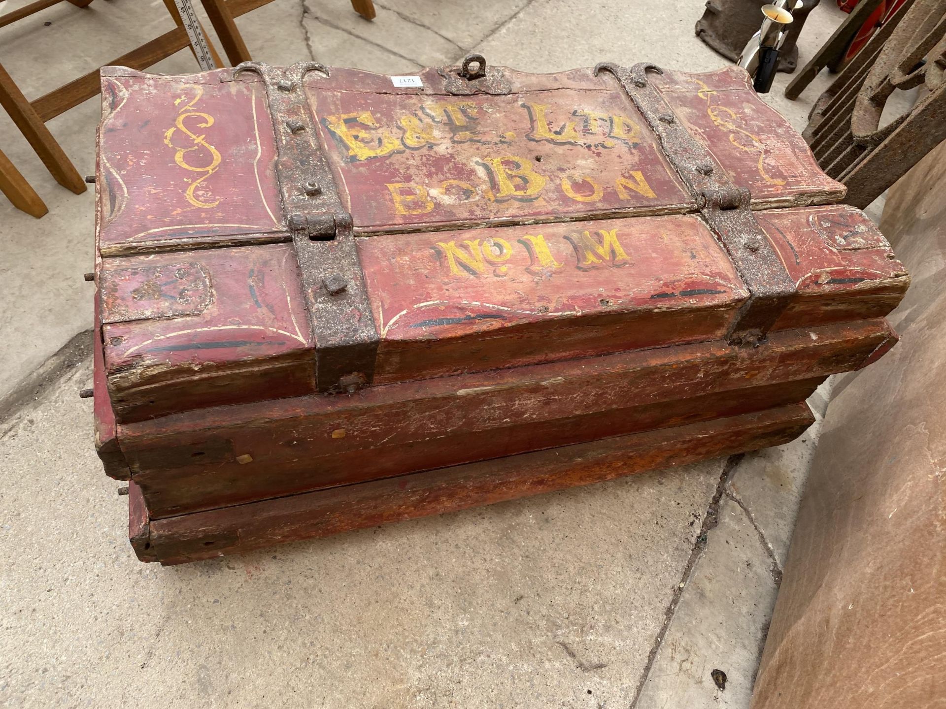 A HEAVY 19TH CENTURY LIVING VAN/WAGON TRUNK HAVING MOST SUBSTANTIAL BLACKSMITH MADE IRON HINGES