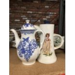 AN ENOCH WEDGWOOD, TUNSTALL 'REGENCY' BLUE AND WHITE COFFEE POT AND A ROYAL TUDOR WARE COFFEE POT