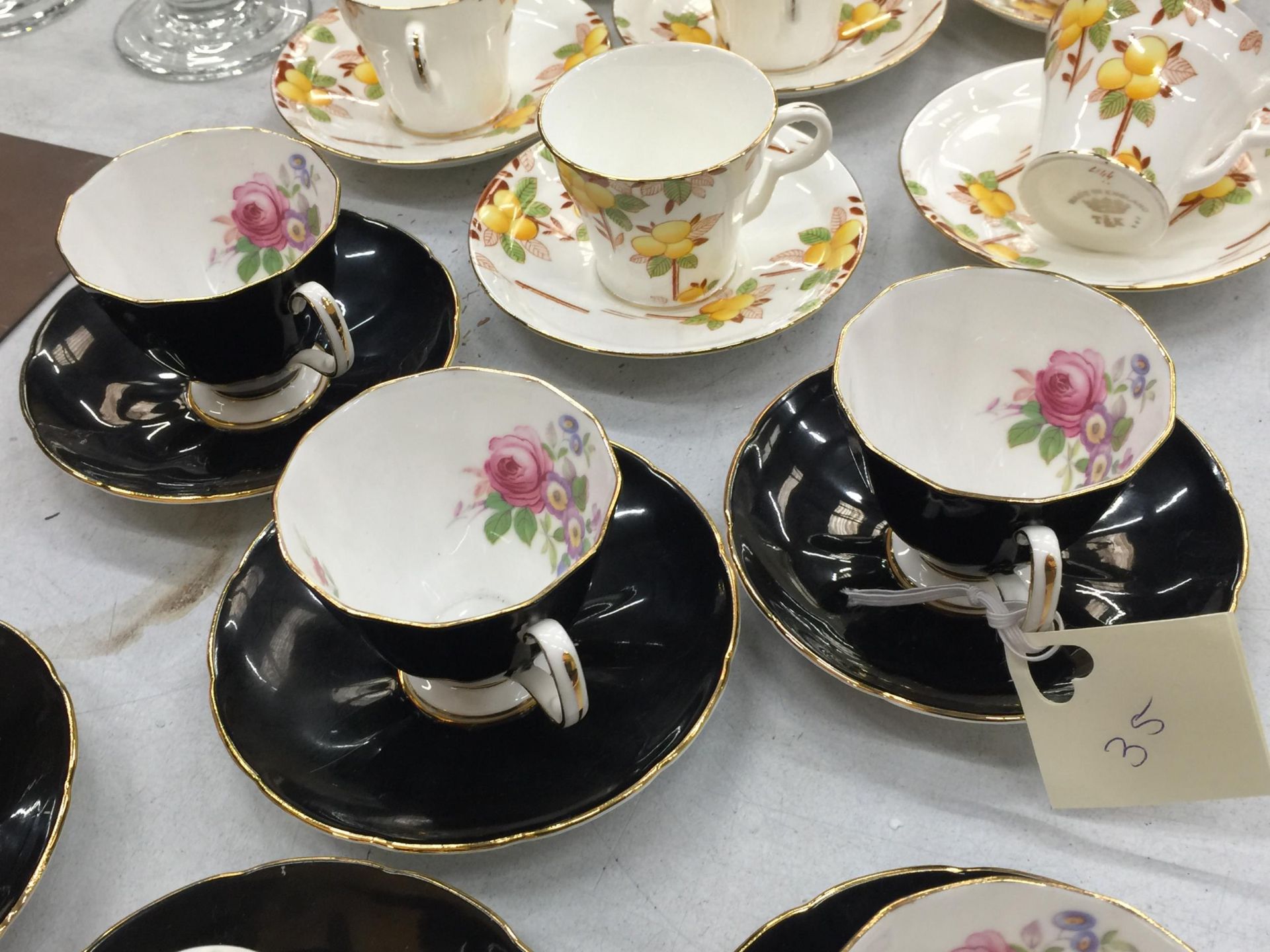 TWO VINTAGE PART TEASETS TO INCLUDE ADDERLEY FLORAL BLACK CUPS AND SAUCERS PLUS ART DECO STYLE - Image 3 of 7