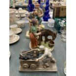 FOUR CONTINENTAL STYLE FIGURINES TO INCLUDE A LADY AND DONKEY, COBBLER, MINER, ETC