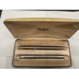 TWO PARKER PENS TO INCLUDE A BIRO AND A FOUNTAIN PEN IN A PRESENTATION BOX