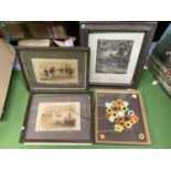 A FRAMED IMAGE OF FLOWERS CROCHET ONTO MATERAL TOGETHER WITH A PENCIL PRINT OF FALLOW DEER IN