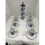 A PORTMEIRION COFFEE SET IN A BLUE AND WHITE FLORAL PATTERN TO INCLUDE COFFEE POT, SUGAR BOWL, CREAM