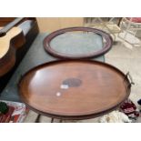 A MAHOGANY INLAID TRAY WITH BRASS HANDLES AND A FURTHER MAHOGANY PICTURE FRAME